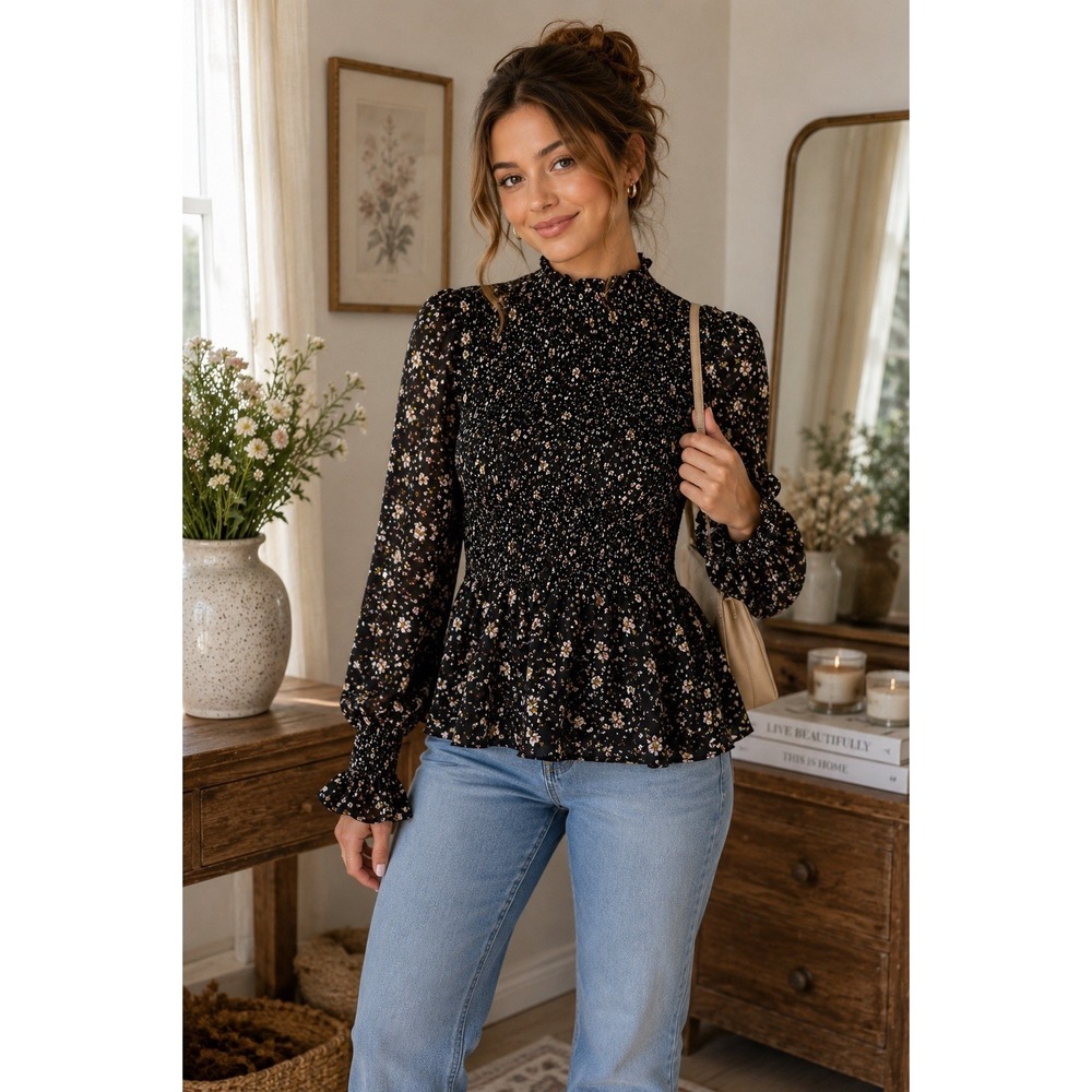 Flawless Smocked Floral Peplum Blouse Top Women's Small Black Cottagecore